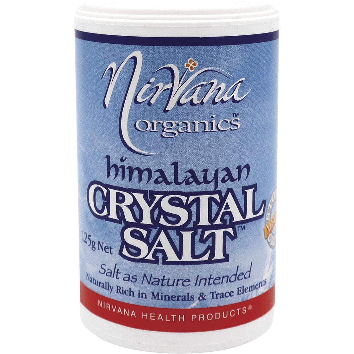 Nirvana Organics 125g Himalayan Salt Medium Shaker with three settings: spoon, pour, and sprinkle.