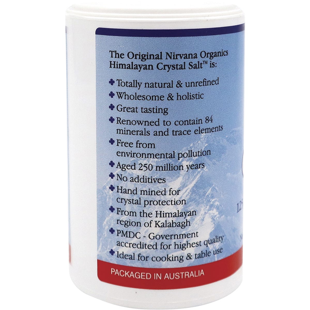 Nirvana Organics 125g Himalayan Salt Medium Shaker with three settings: spoon, pour, and sprinkle.