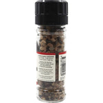 Back view of Nirvana Organics Himalayan salt and pepper 90g glass grinder showing product details and a black lid.