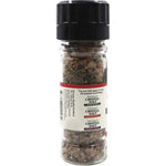 Side view of a 90g glass grinder of Nirvana Organics Himalayan salt and pepper with a black lid.