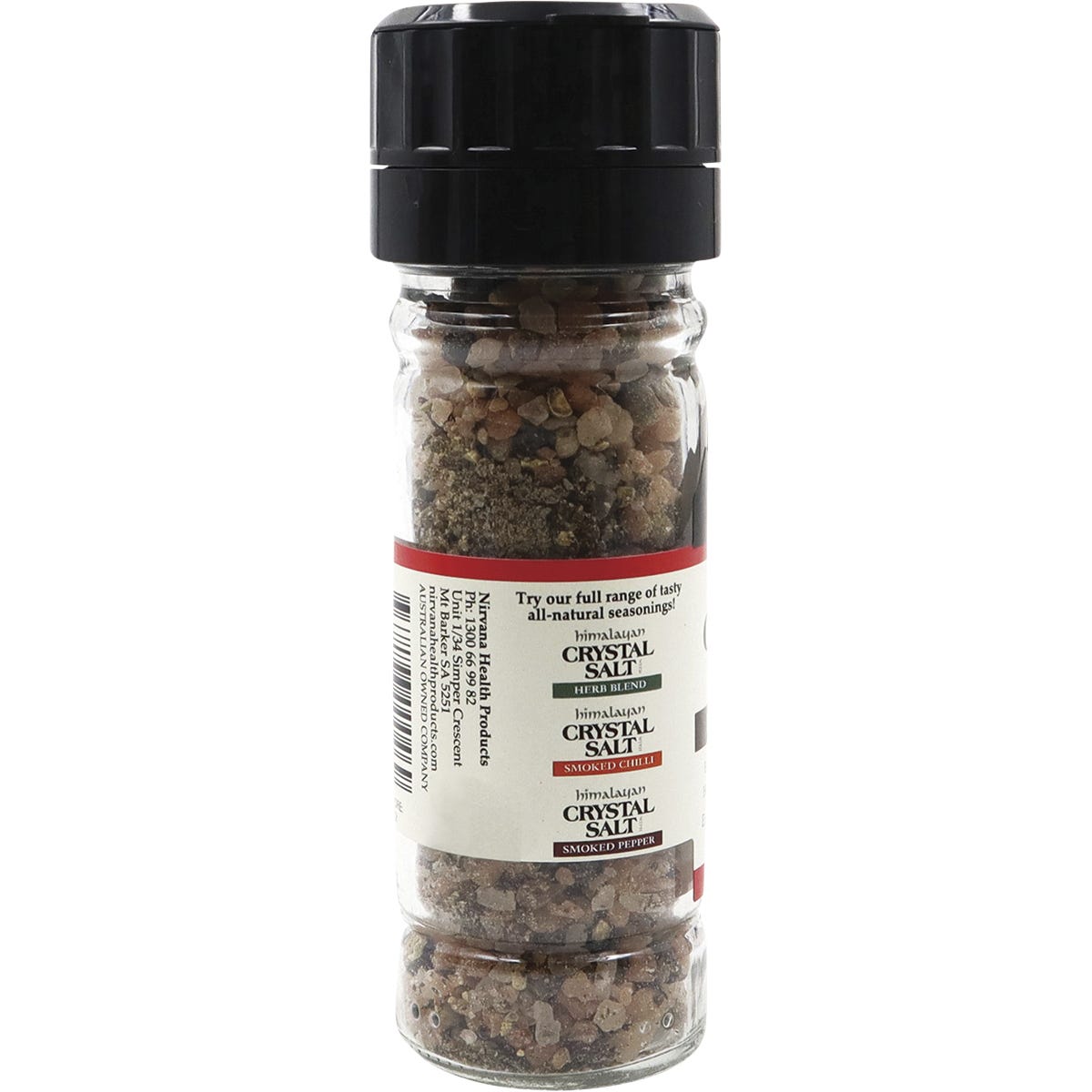 Side view of a 90g glass grinder of Nirvana Organics Himalayan salt and pepper with a black lid.