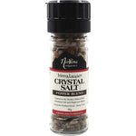 90g glass grinder of Nirvana Organics Himalayan salt and organic pepper blend with a black twist-off lid.