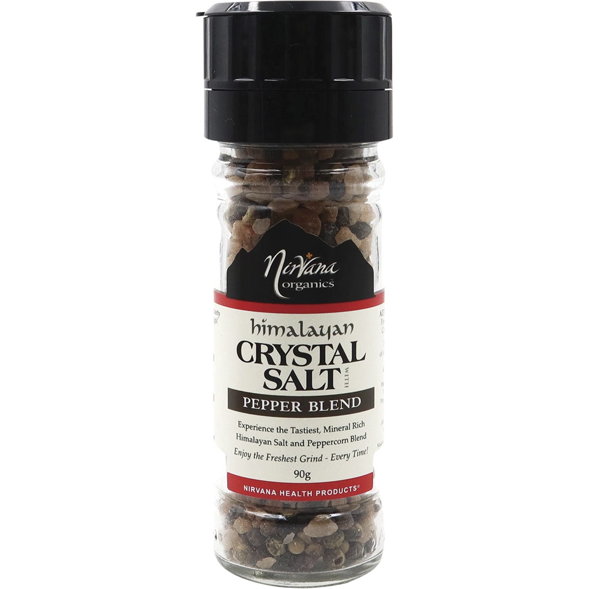 90g glass grinder of Nirvana Organics Himalayan salt and organic pepper blend with a black twist-off lid.