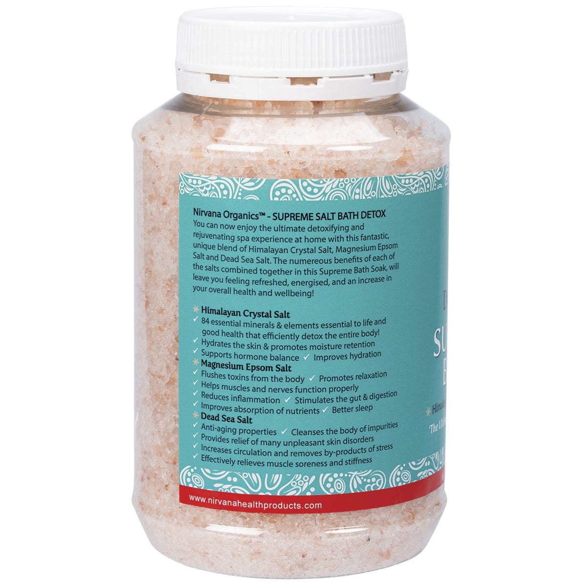 Nirvana Organics 1kg Supreme Salt Detox & Energise Bath Soak tub with blue and white labels on a white background.
