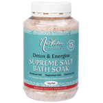 1kg Nirvana Organics Supreme Salt Detox and Energise Bath Soak tub with blue and white labels on a white background.
