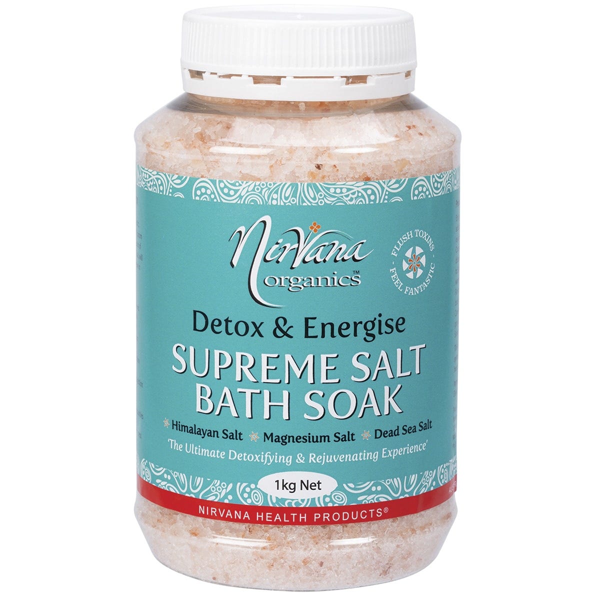 1kg Nirvana Organics Supreme Salt Detox and Energise Bath Soak tub with blue and white labels on a white background.