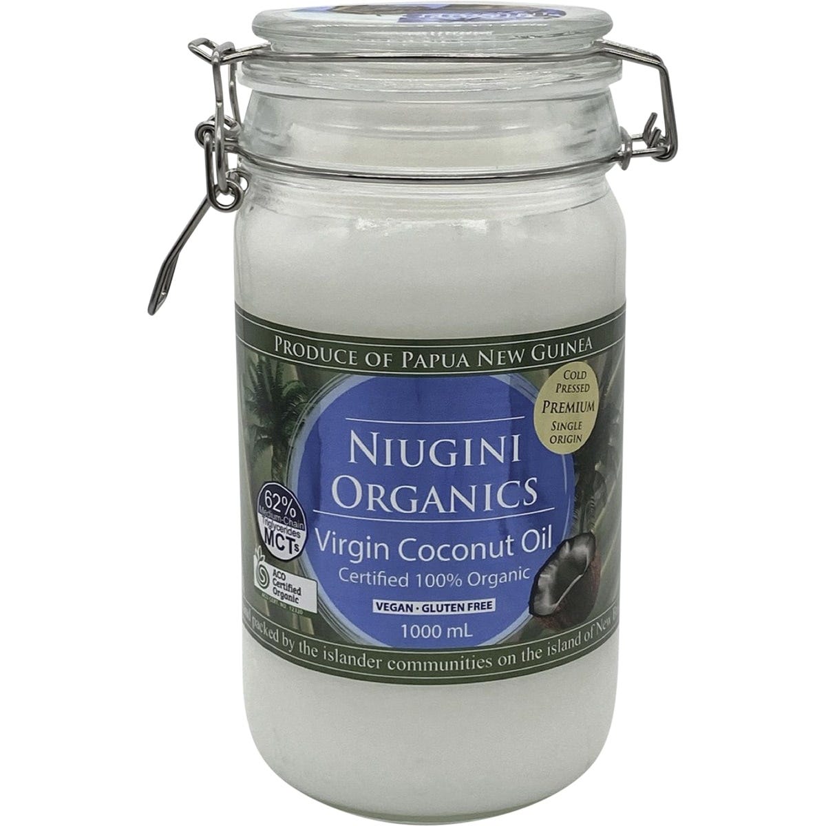 1L glass jar of Niugini Organics 100% Pure Virgin Coconut Oil with a white label on a plain background.