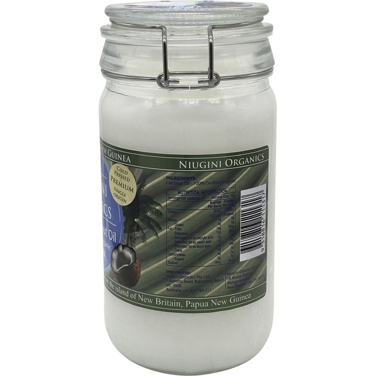 1L glass jar of Niugini Organics Virgin Coconut Oil with a clip-top lid on a plain white background.