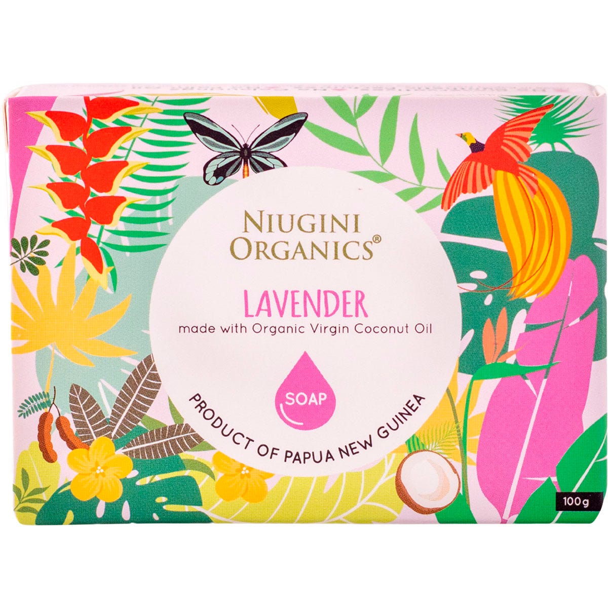 Lavender 100g bar of Niugini Organics Virgin Coconut Oil Soap with purple botanical illustrations on a white background.