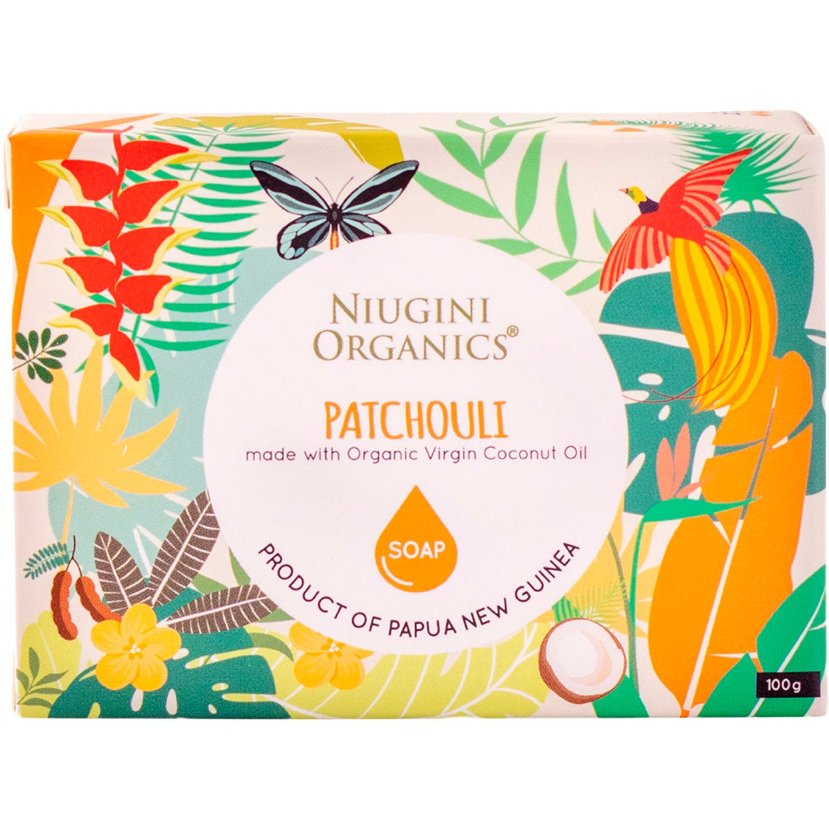 100g bar of Niugini Organics Virgin Coconut Oil Soap with Patchouli in a brown cardboard box on a white background.