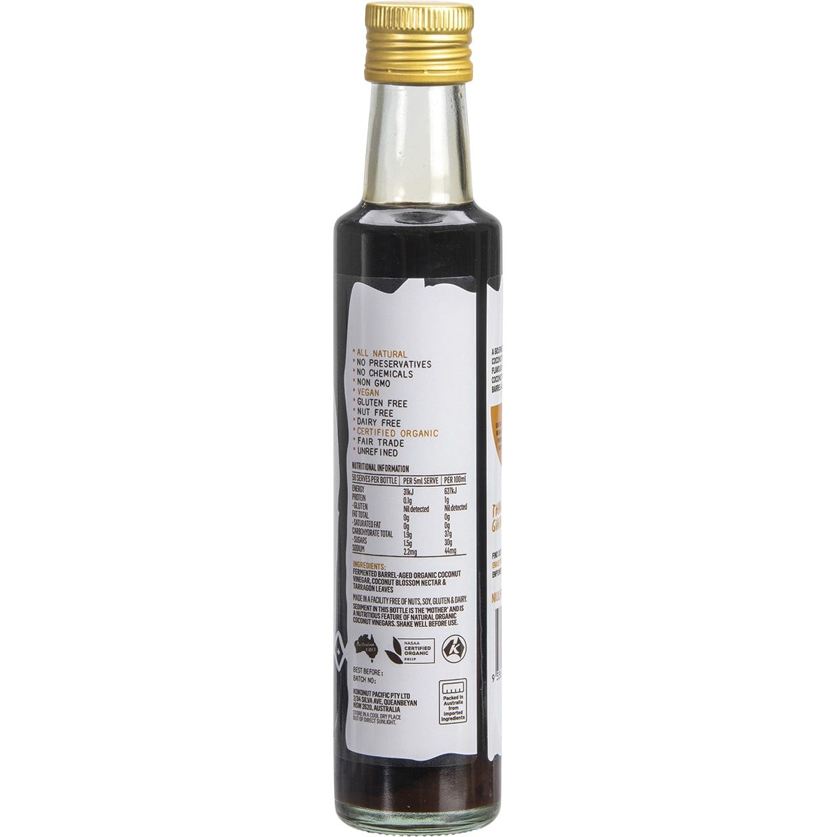Close-up of the Niulife Coconut Balsamic Vinegar label showing organic ingredients and a 250ml volume.