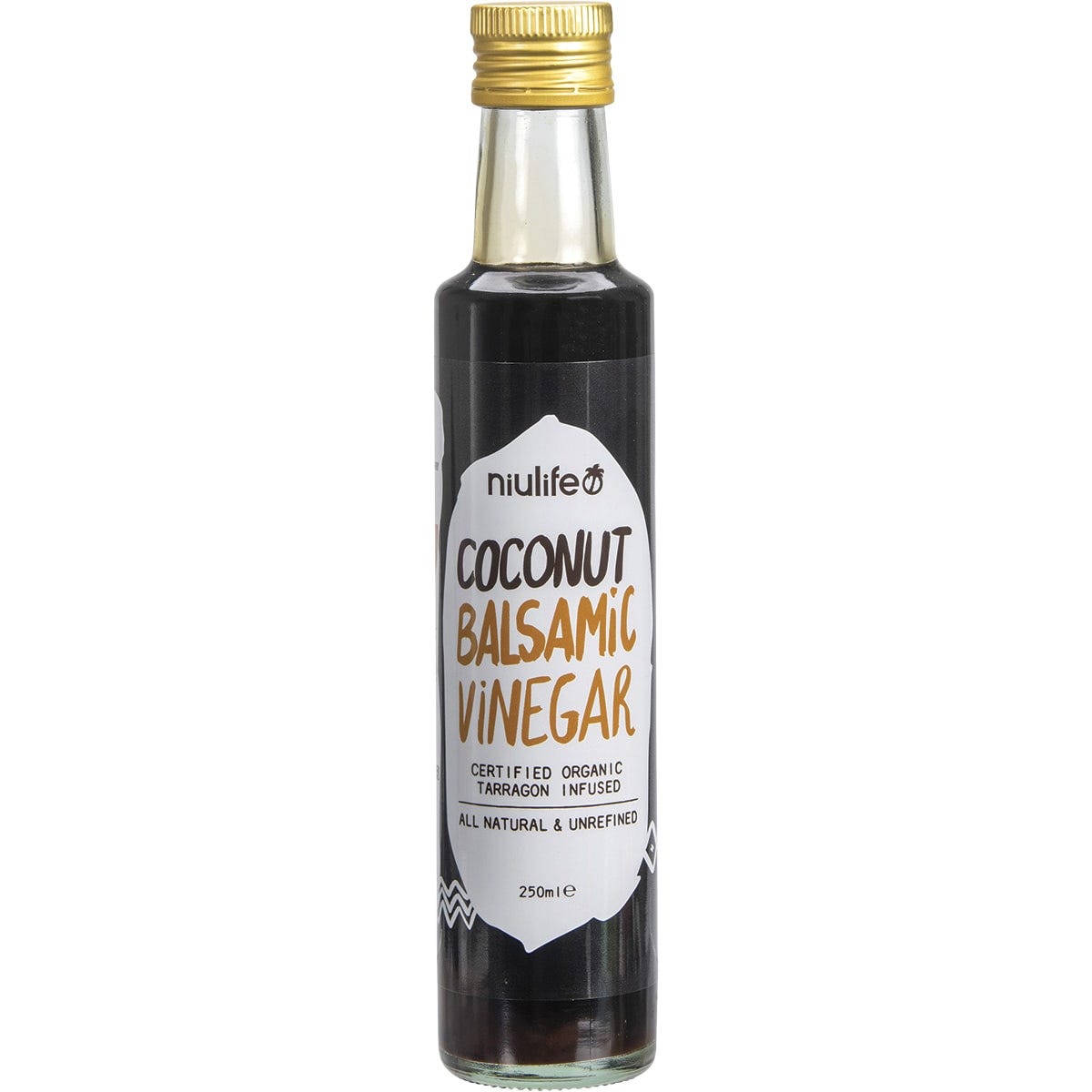 Six 250ml bottles of Niulife Organic Coconut Balsamic Vinegar with tarragon on a white background.