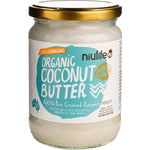 Pack of six 500g glass jars of Niulife Organic Coconut Butter with white labels and gold lids on a white background.