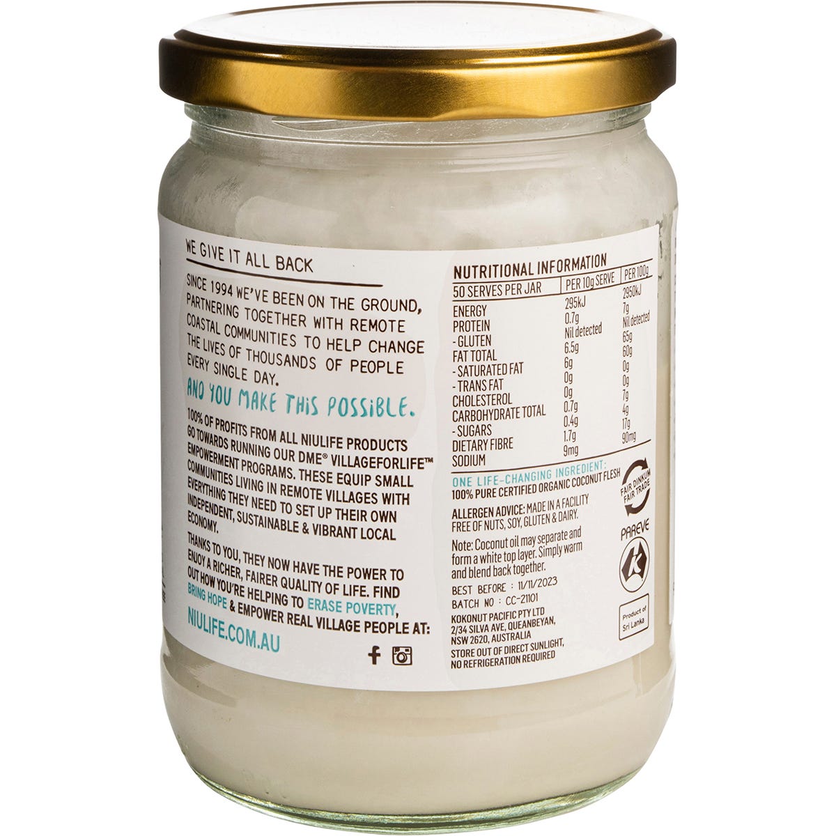 Back of a Niulife Organic Coconut Butter 500g glass jar showing nutrition facts and organic certification.