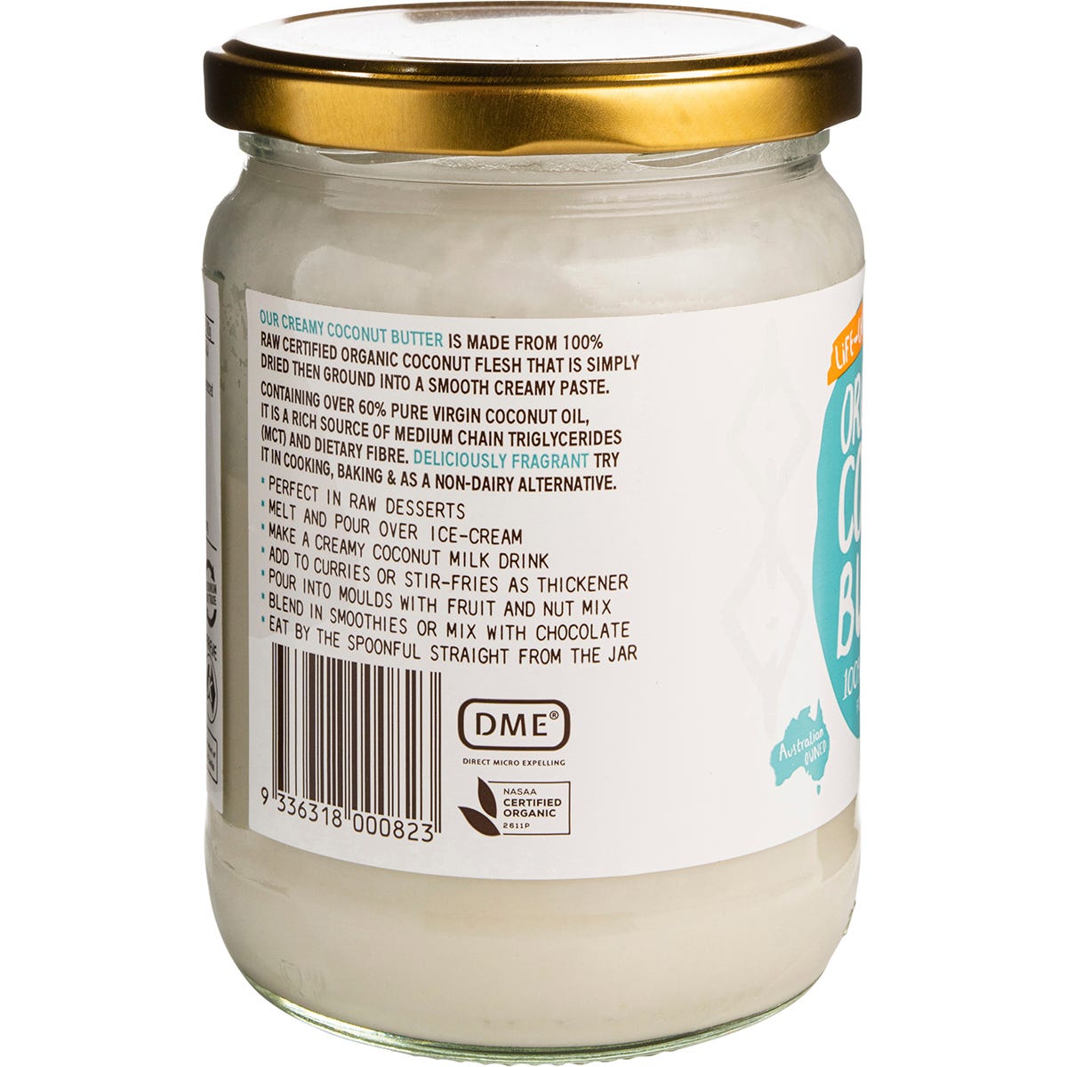 Niulife Organic Coconut Butter 500g glass jar with a gold lid and white label on a white background.