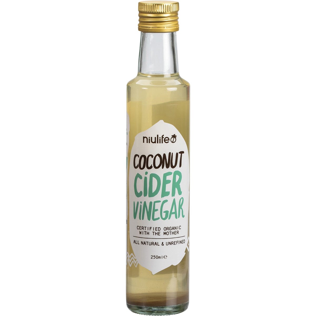 Six 250ml bottles of Niulife Organic Coconut Cider Vinegar with a gold label on a white background.