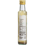 Side view of a Niulife Organic Coconut Cider Vinegar 250ml bottle showing nutrition facts and product benefits.