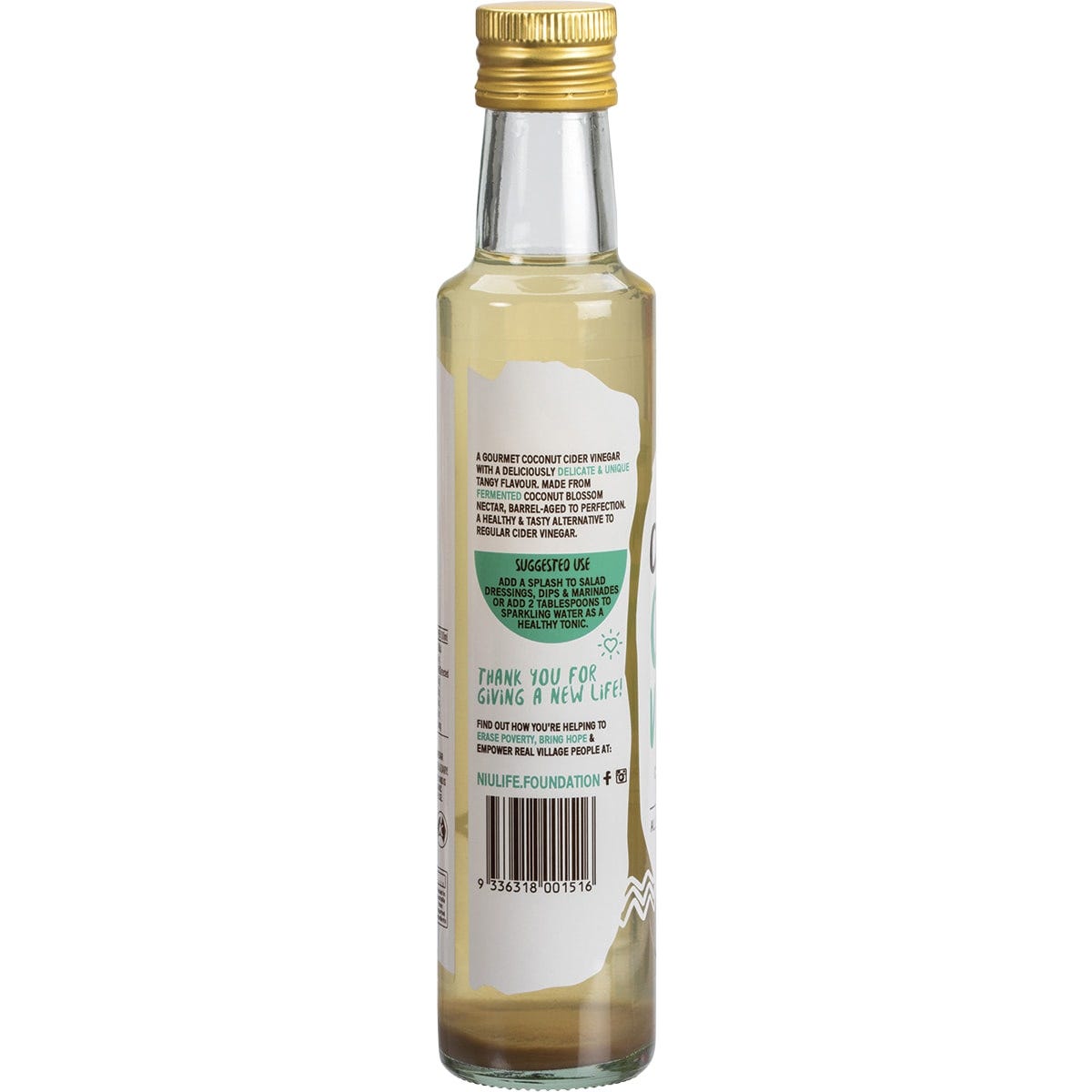 250ml bottle of Niulife Organic Coconut Cider Vinegar with a gold label on a white background.