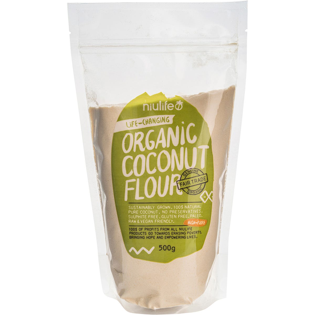 500g pouch of Niulife Organic Coconut Flour with a tropical beach and palm tree illustration.
