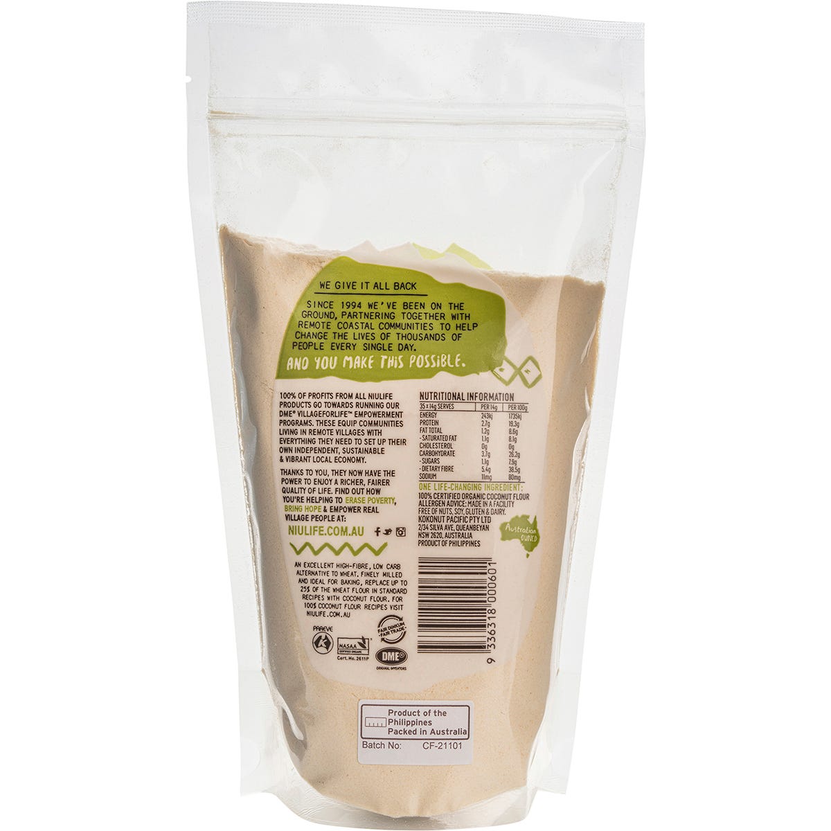 500g pouch of Niulife Organic Coconut Flour featuring a tropical beach design on a white background.