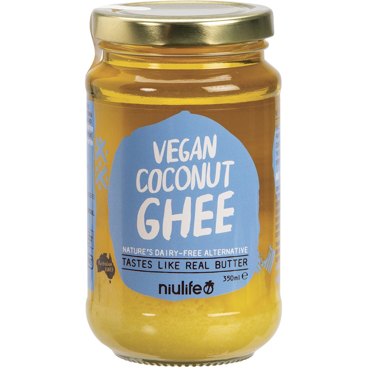 Six 350ml jars of Niulife Coconut Ghee Vegan Butter Alternative arranged in a group on a white background.