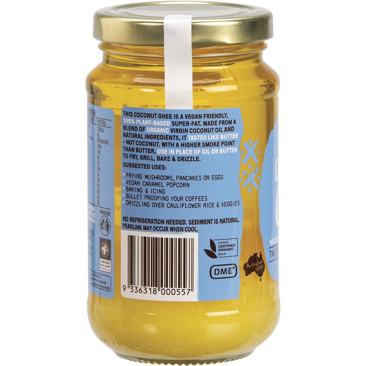 Side of a Niulife Coconut Ghee 350ml jar showing ingredients, nutrition facts, and product benefits.