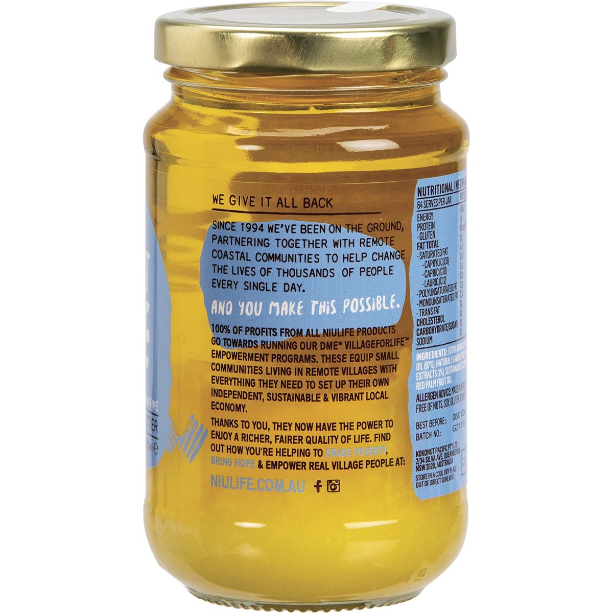Back of a Niulife Coconut Ghee 350ml jar showing usage instructions, storage information, and product certifications.