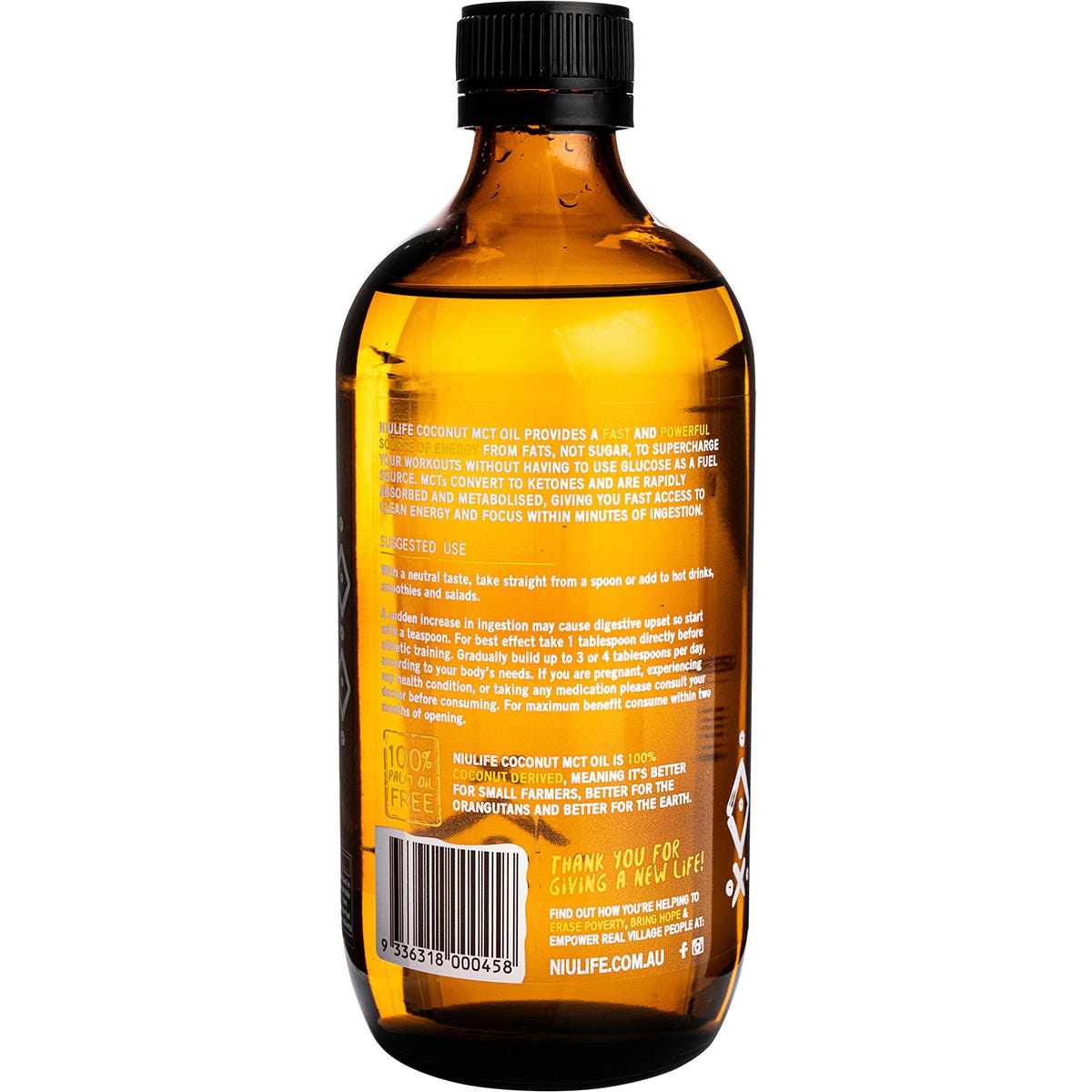 Single 500ml glass bottle of Niulife Coconut MCT Oil Original with a blue and white label on a white background.
