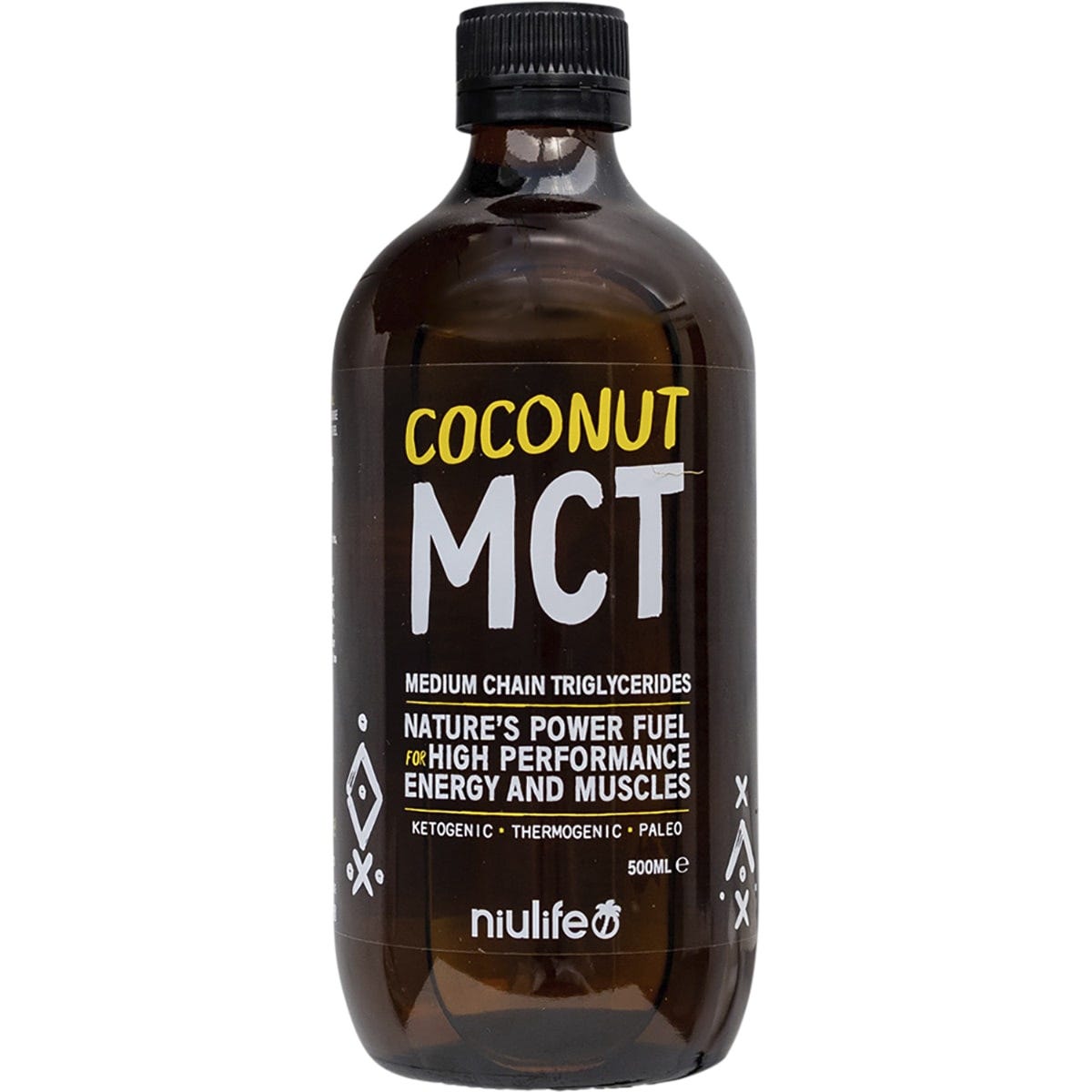 Pack of six 500ml bottles of Niulife Coconut MCT Oil Original with blue and white labels.
