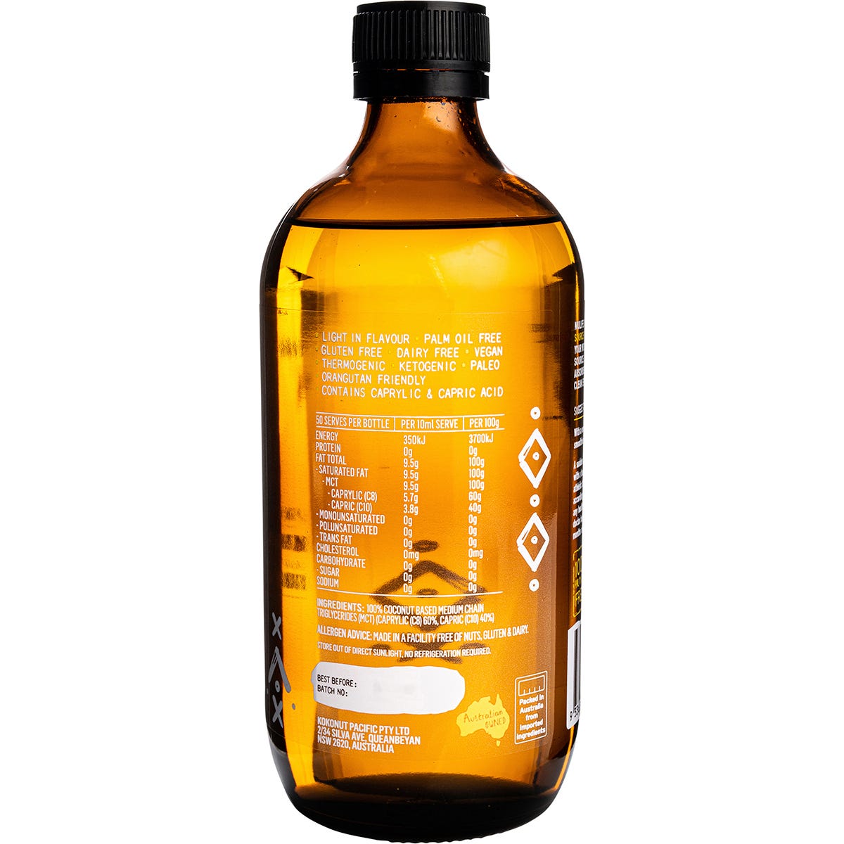 Back of Niulife Coconut MCT Oil 500ml bottle showing nutrition facts, ingredients, and usage directions.