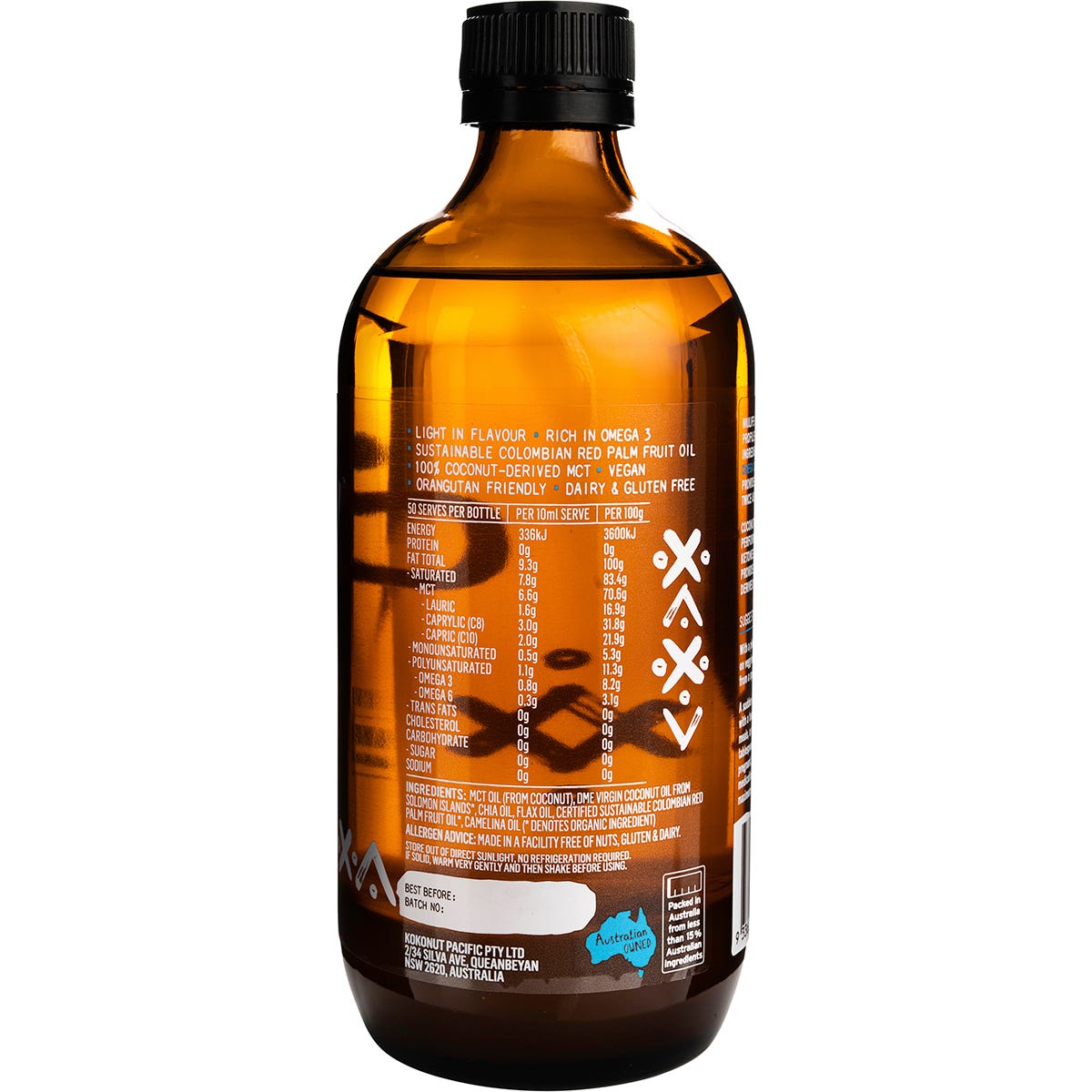 Side view of a 500ml Niulife Coconut MCT Plus Clarity oil bottle showing benefits and nutrition facts.