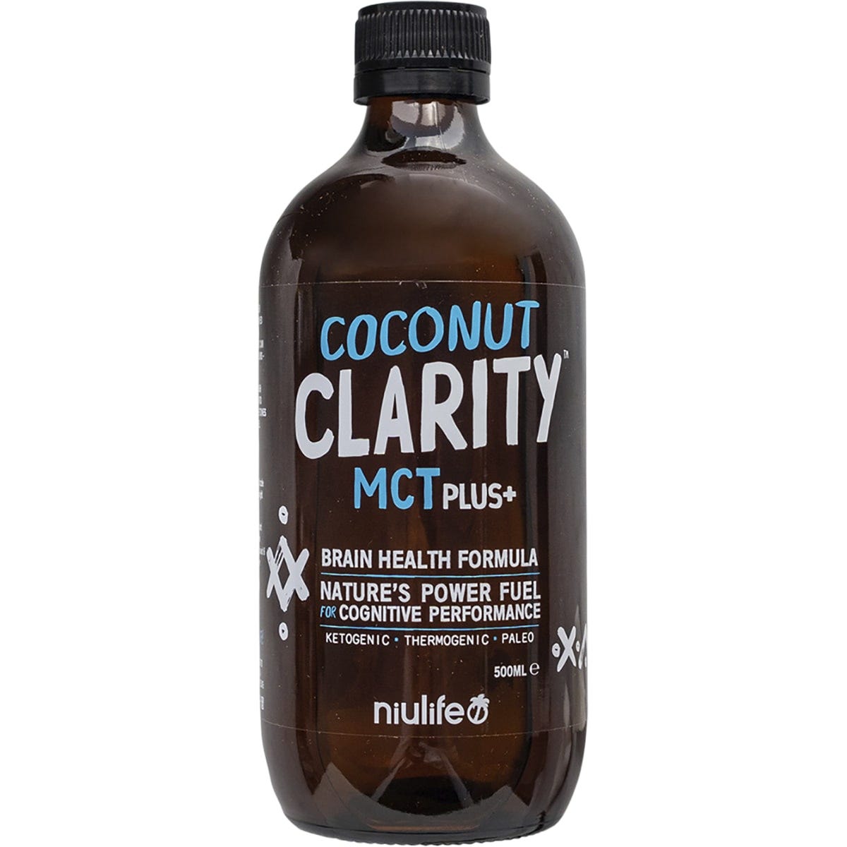 Pack of six 500ml glass bottles of Niulife Coconut MCT Plus Clarity oil on a white background.