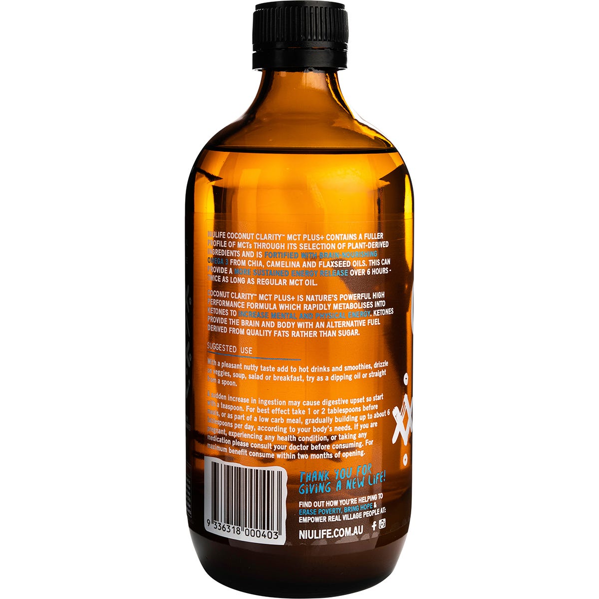 500ml glass bottle of Niulife Coconut MCT Plus Clarity oil on a white background.