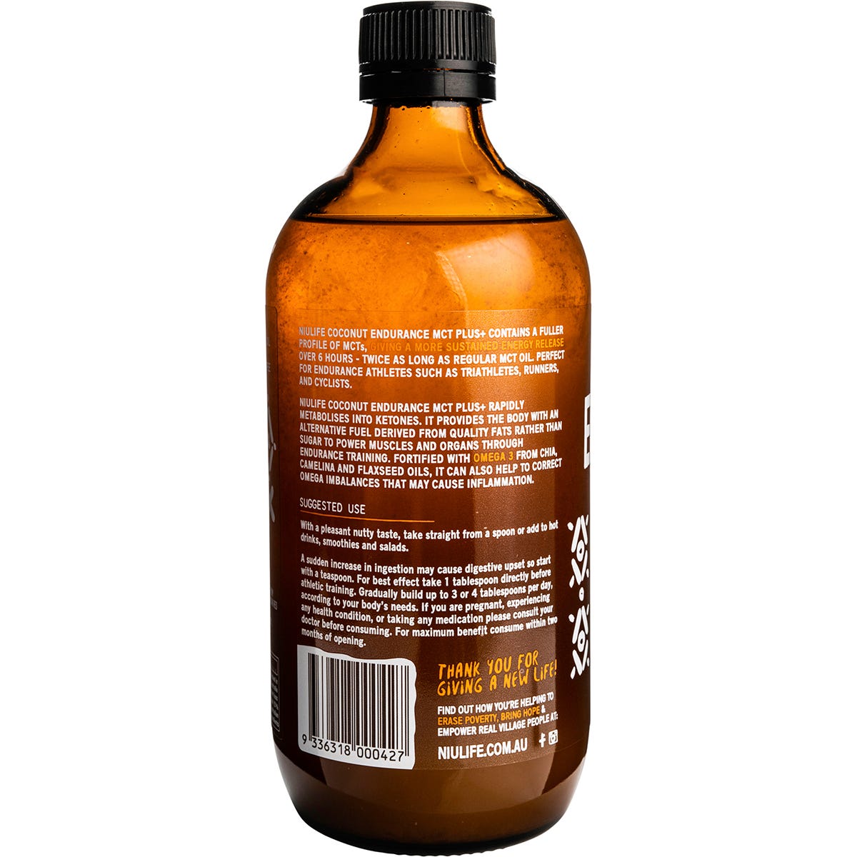 Single 500ml glass bottle of Niulife Coconut MCT Plus Oil Endurance with a blue and white label on a white background.