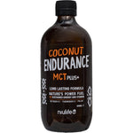 Six 500ml bottles of Niulife Coconut MCT Plus Oil Endurance with a blue and white label on a white background.