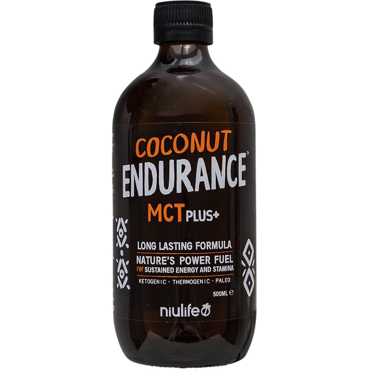 Six 500ml bottles of Niulife Coconut MCT Plus Oil Endurance with a blue and white label on a white background.