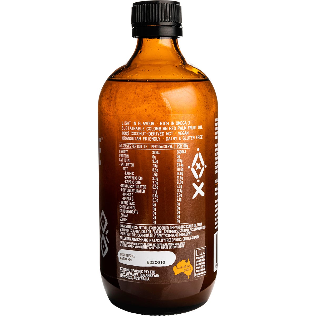 Close-up of a Niulife Coconut MCT Plus Oil Endurance 500ml glass bottle with a blue and white label.