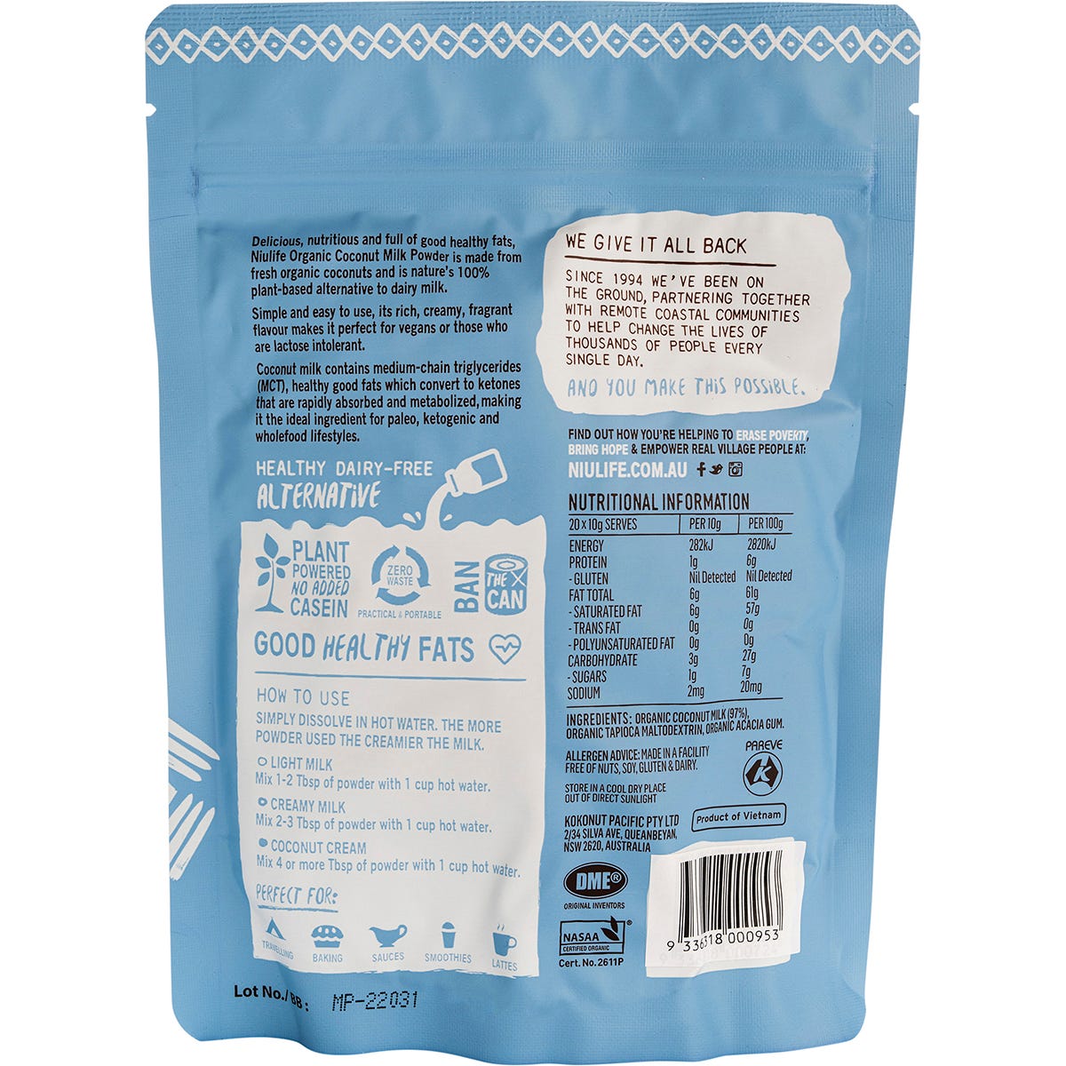 Back view of a Niulife Coconut Milk Powder 200g bag showing nutritional facts, ingredients, and usage directions.