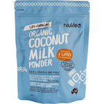 200g bag of Niulife Coconut Milk Powder with a blue and white label and images of fresh coconut halves.