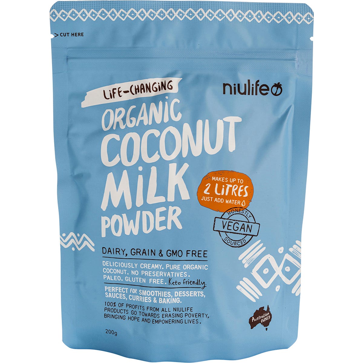 200g bag of Niulife Coconut Milk Powder with a blue and white label and images of fresh coconut halves.