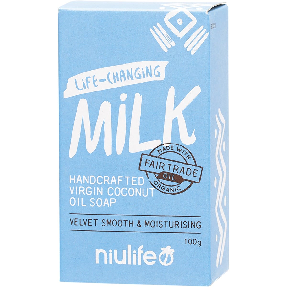100g bar of Niulife Coconut Oil Soap with Coconut Milk in a white box with blue and gold text and a coconut illustration.