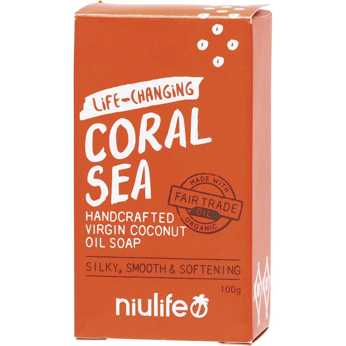 Niulife Coconut Oil Soap Coral Sea 100g bar in a blue and white box featuring tropical coconut illustrations.
