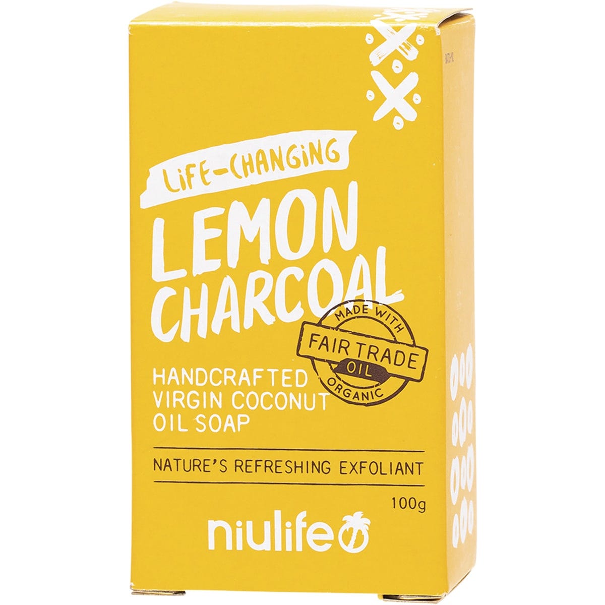 100g bar of Niulife Lemon Charcoal Coconut Oil Soap in a yellow and black box with botanical illustrations.
