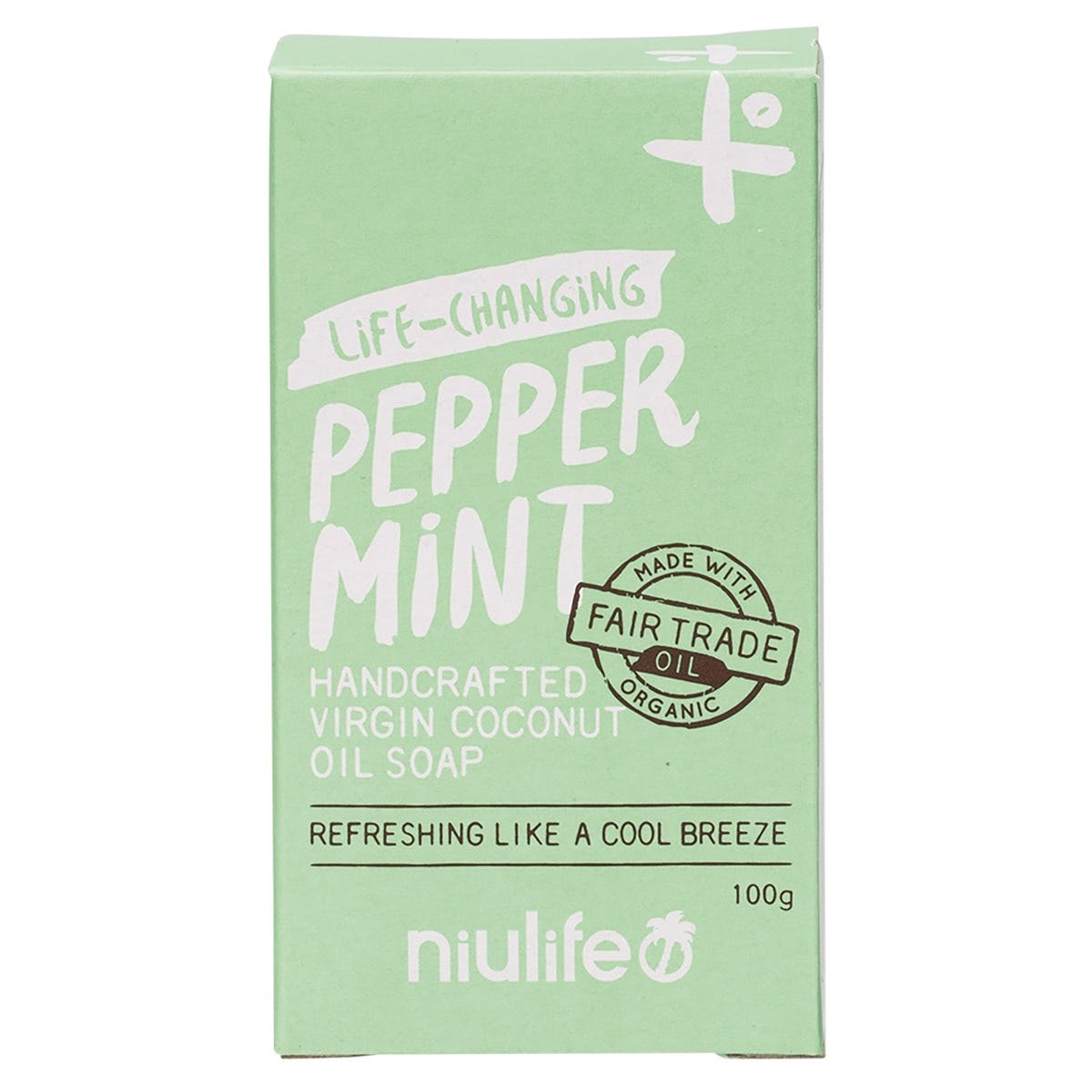 100g bar of Niulife Peppermint Coconut Oil Soap in green and white packaging on a white background.