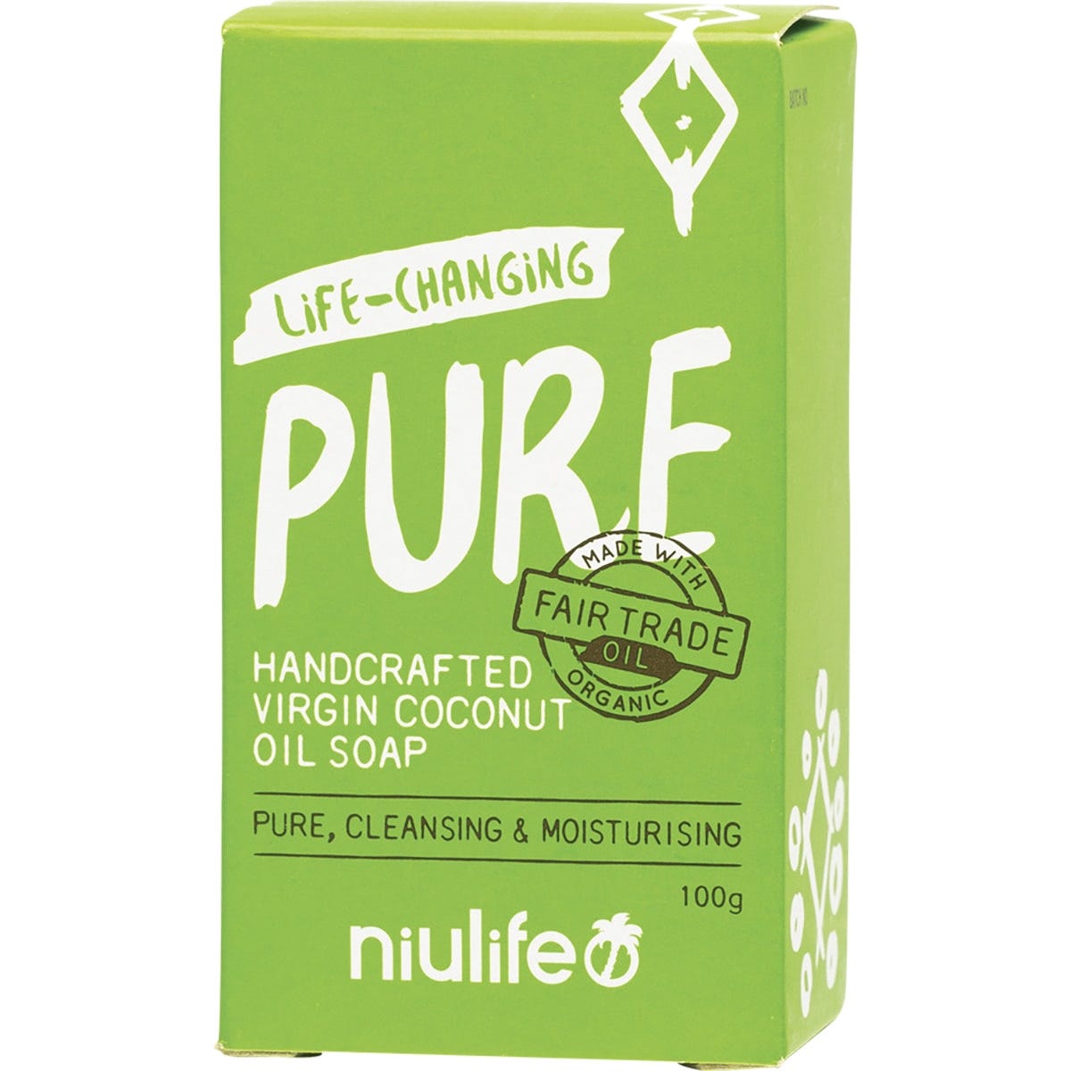Niulife Coconut Oil Soap Pure 100g bar featuring a natural, creamy texture on a clean white background.