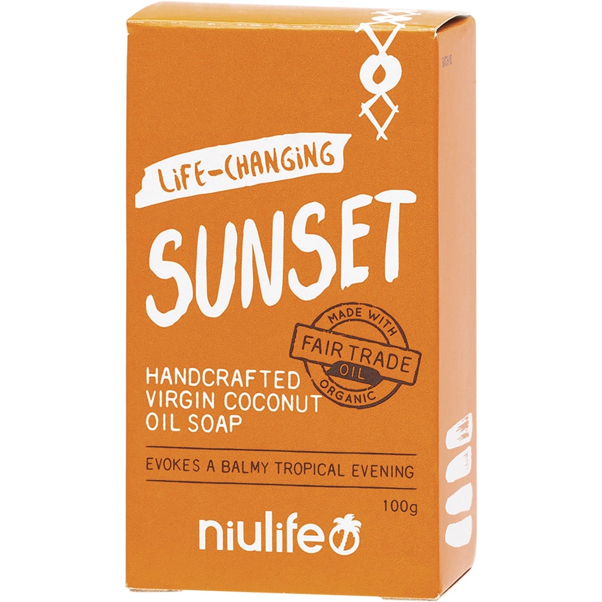 Niulife Sunset 100g coconut oil soap bar featuring a warm orange sunset-themed label with botanical illustrations.