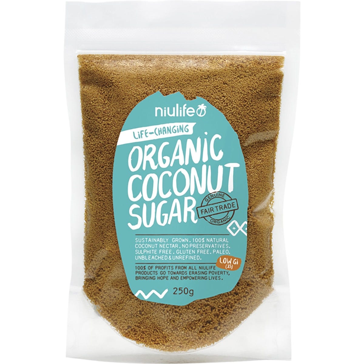 250g pouch of Niulife Organic Coconut Sugar made from 100% organic coconut blossom nectar.