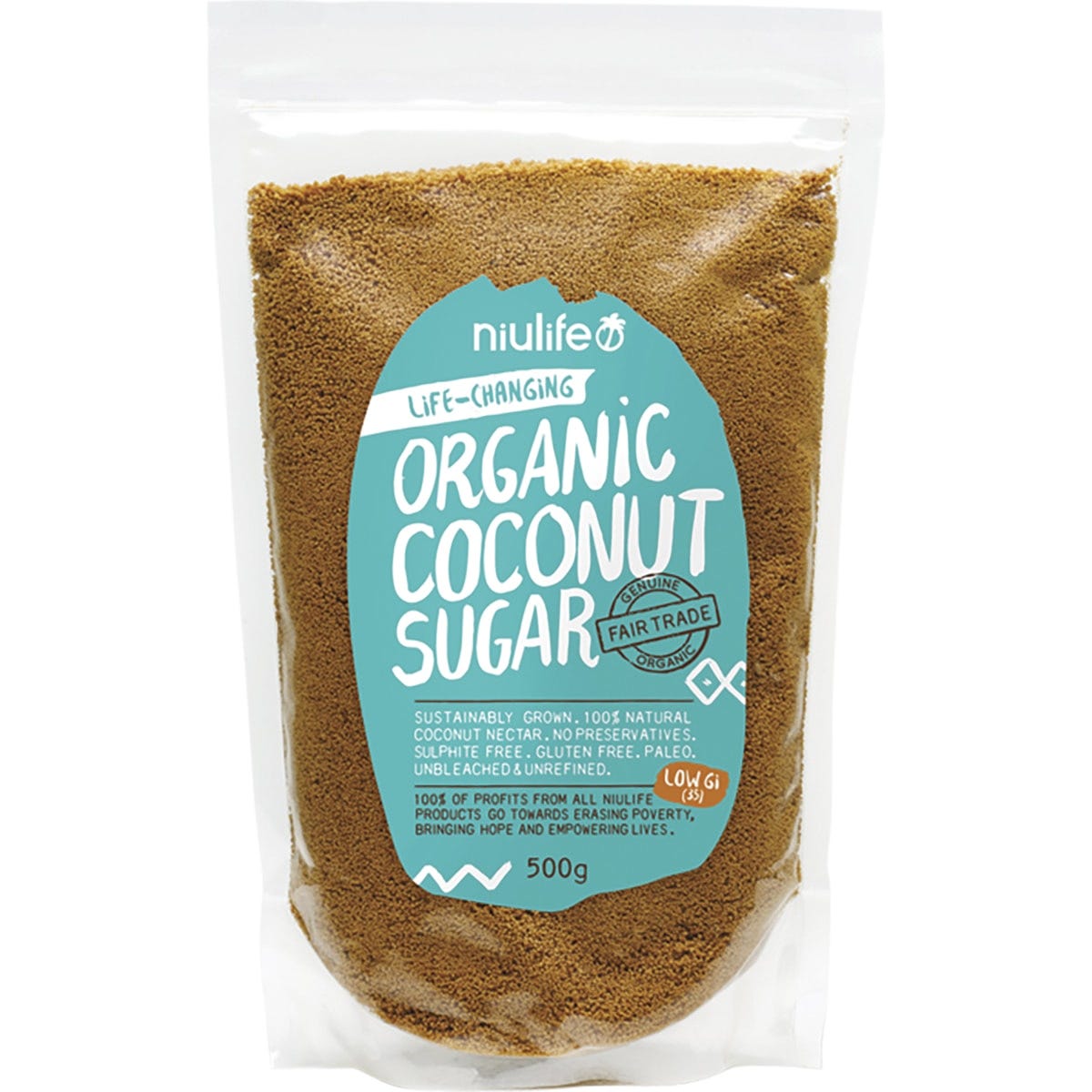 500g pouch of Niulife Organic Coconut Sugar with a natural caramel-colored powder and coconut palm illustration.