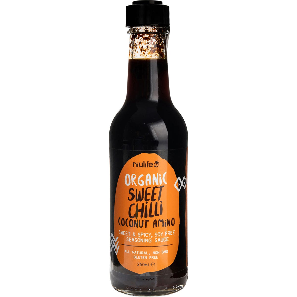 A 6-pack of Niulife Coconut Sweet Chilli Sauce 250ml bottles with dark labels on a white background.