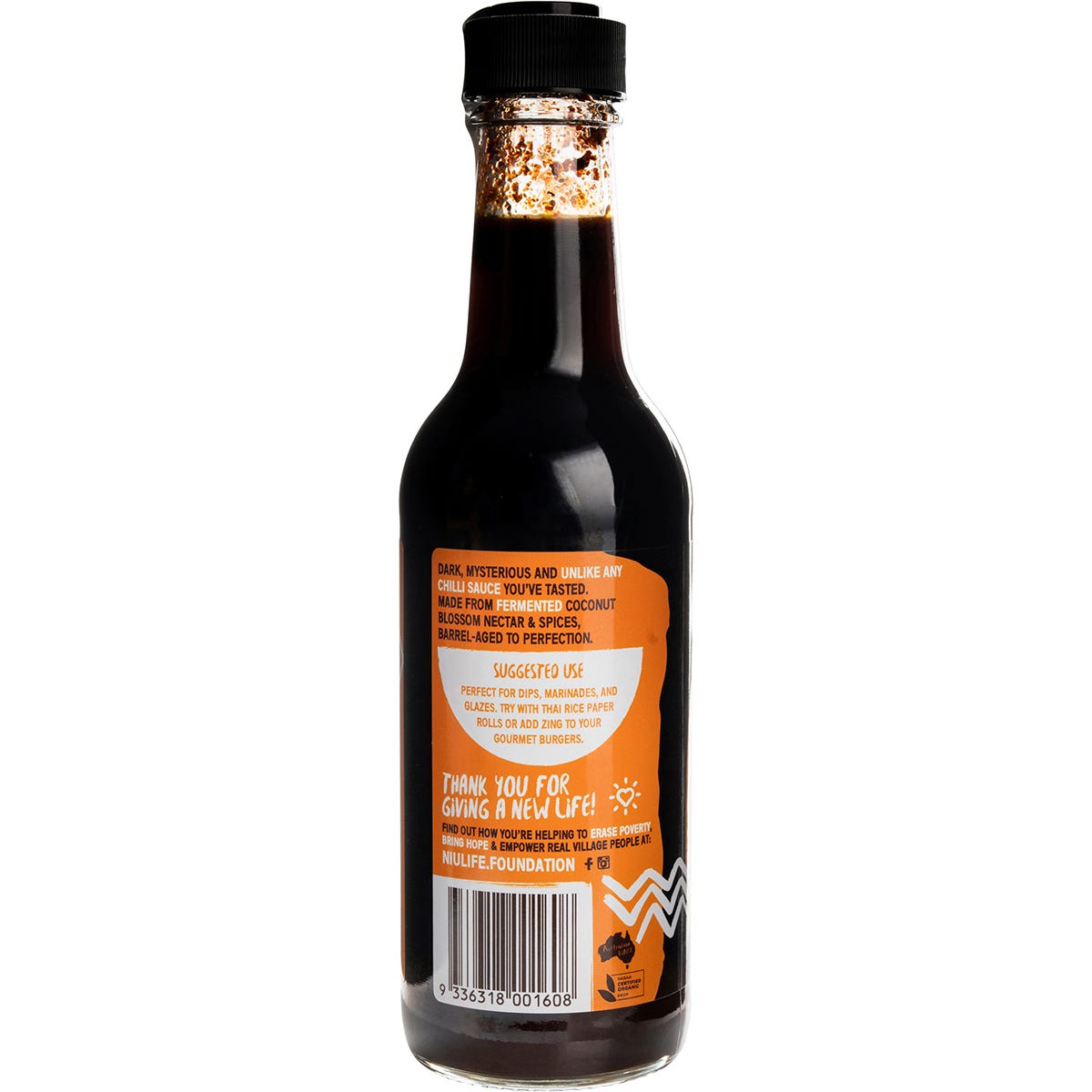 Six bottles of Niulife Coconut Sweet Chilli Sauce 250ml with dark labels arranged on a white background.
